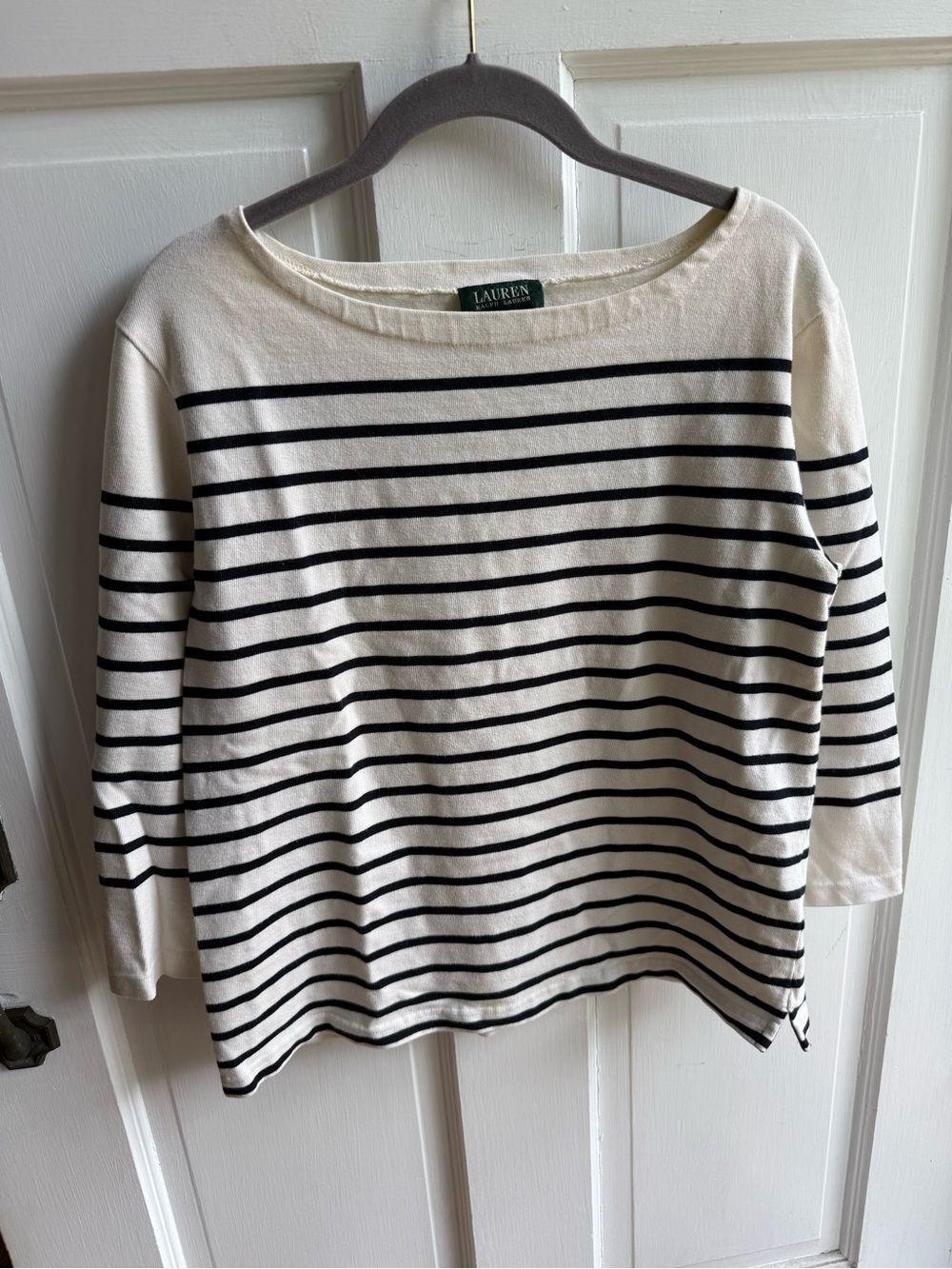 Ralph Lauren Cream and Black Striped Boatneck Long Sleeve Top